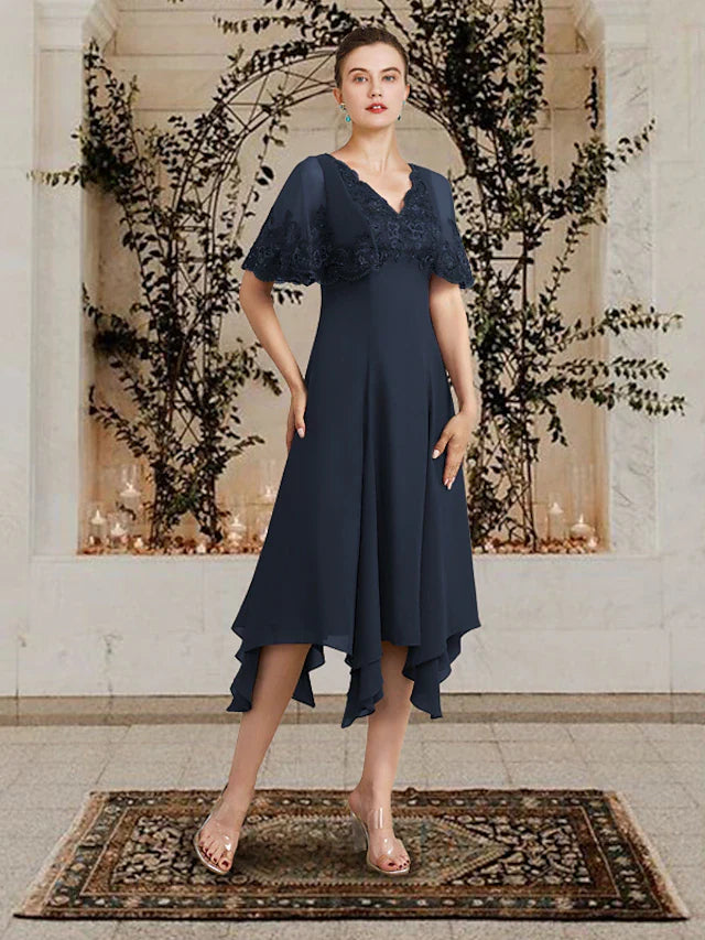 Wholesale A-Line Mother of the Bride Dress Plus Size Elegant High Low V Neck Asymmetrical Tea Length Chiffon Lace Sleeveless with Appliques
